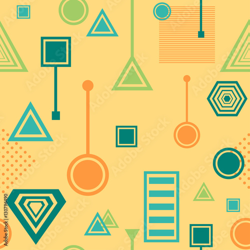 Abstract seamless pattern in postmodern Memphis Style blue green on yellow beige
