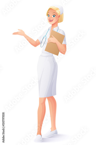 Vector medical nurse in uniform with clipboard and stethoscope presenting.