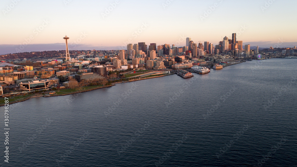 Downtown Seattle Waterfront Aerial View at Sunset at Puget Sound