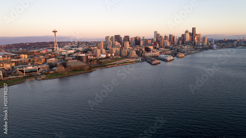 Downtown Seattle Waterfront Aerial View at Sunset at Puget Sound © CascadeCreatives