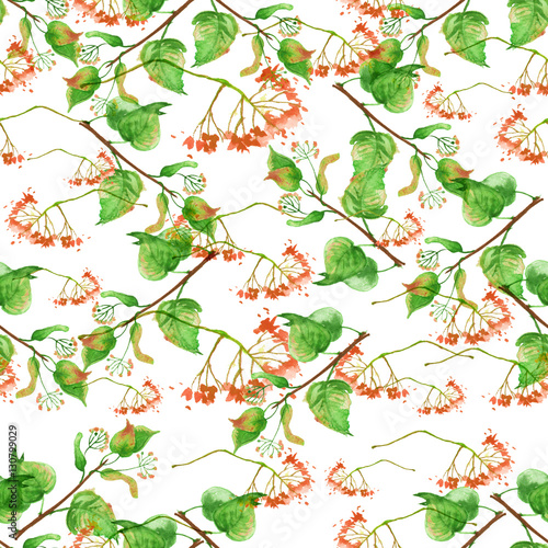 Seamless vintage pattern - branch of a linden, watercolor. Linden tree, linden flowers, green leaves watercolor.