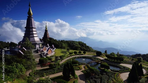 Timelapse of Two pagodas Noppamethanedol & Noppapol Phumsiri in an Inthanon mountain, Chiang Mai, Thailand.