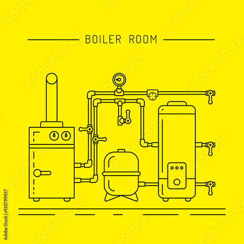 The set of items of equipment for boiler rooms and heating in the cold season. Heating boiler, Bolek, water heater, heat accumulators, battery painted in the style outline, linear