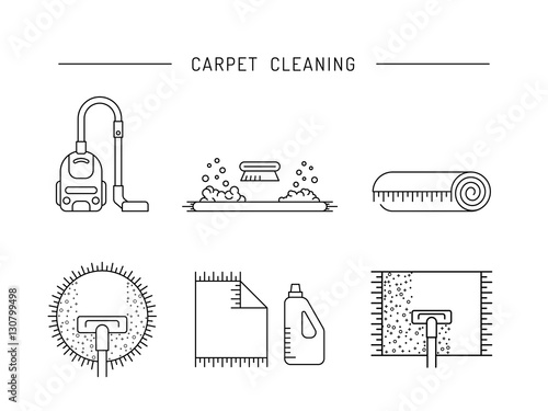 Cleaning of carpets with vacuum cleaner and detergents drawn in a linear style. Vector logo of the cleaning company, booklet, flyer