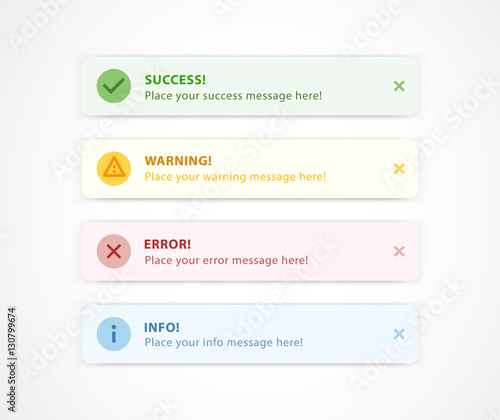 Notification messages for web design. Success, Warning, Error, Info message.