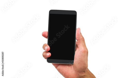 Man's hand holding mobile phone on white background