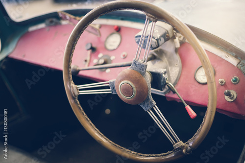 Close up on steering wheel, Classic car interior