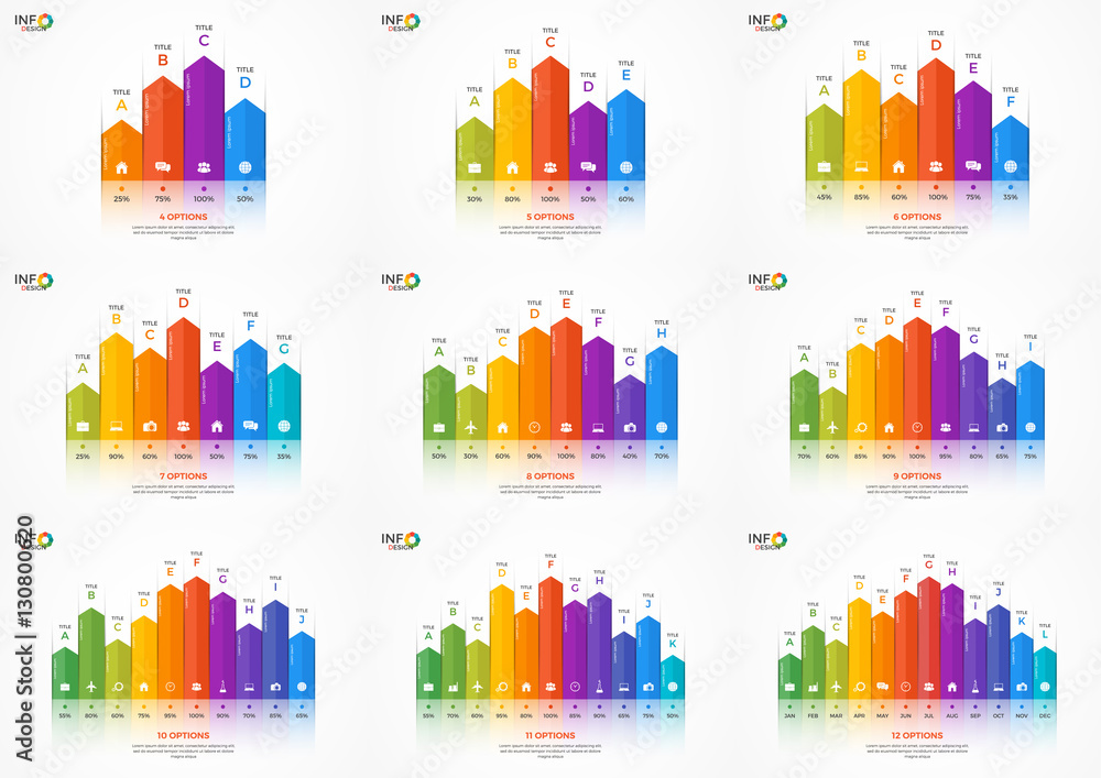 Set of column chart infographic templates with 4-12 options