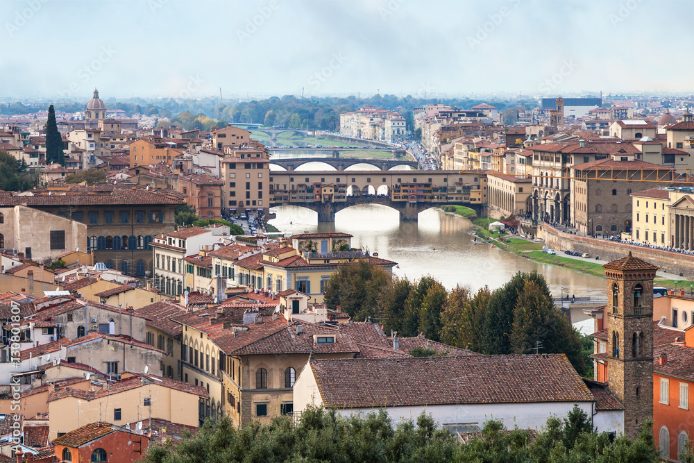 above view city and of ponte vecchio in Florence