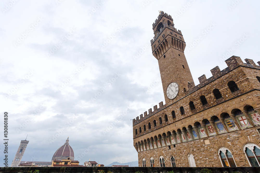 Palazzo Vecchio and Cathedral dome in rain