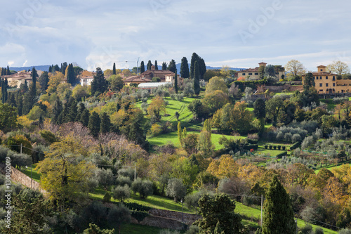 above view of green gardens in suburb of Florence