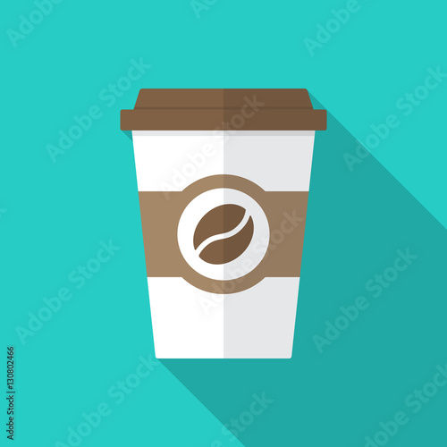 Coffee cup icon with long shadow. Flat design style. Coffee paper cup silhouette. Simple icon. Modern flat icon in stylish colors. Web site page and mobile app design vector element.