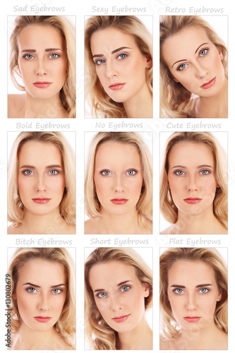 Nine portraits of young beautiful woman with various eyebrow styles on her face. How brows can transform the face. Eyebrows shaping, make-up, beauty. photo