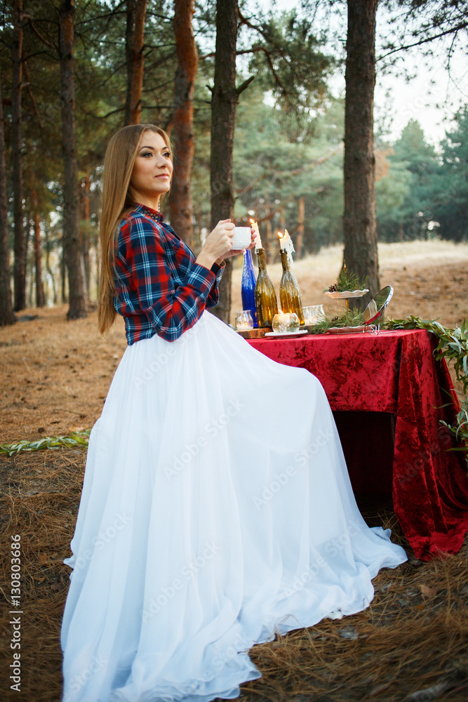Beautiful morning bride in the forest