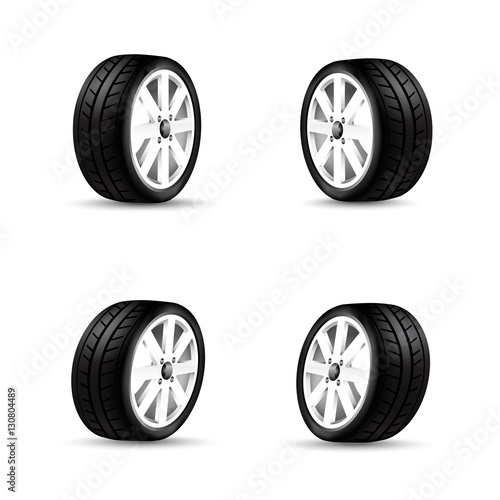 Collection of car wheels and racing tire isolated on white backg