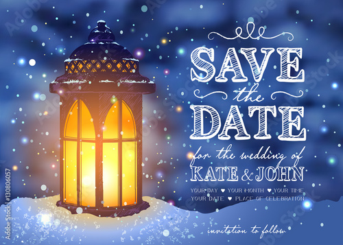 Amazing vintage lantern on snow with magical lights at the night background of a winter spruce forest. Inspiration for Christmas greeting card, wedding, date, birthday or holiday party