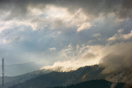 Winter Carpathian mountains and fog with beautiful sunlight. Trees covered with snow.