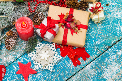 Christmas decoration hanging over wooden background