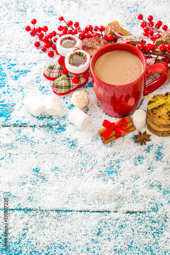 Christmas decoration hanging over wooden background