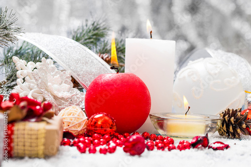 Christmas decoration hanging over wooden background