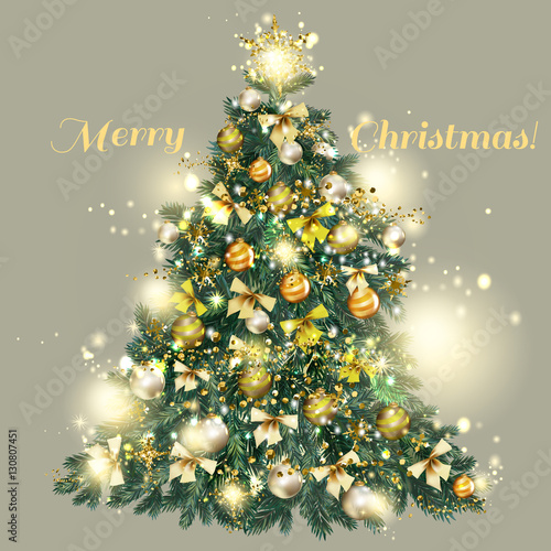 8).Christmas decorated tree with golden and silver baubles, star