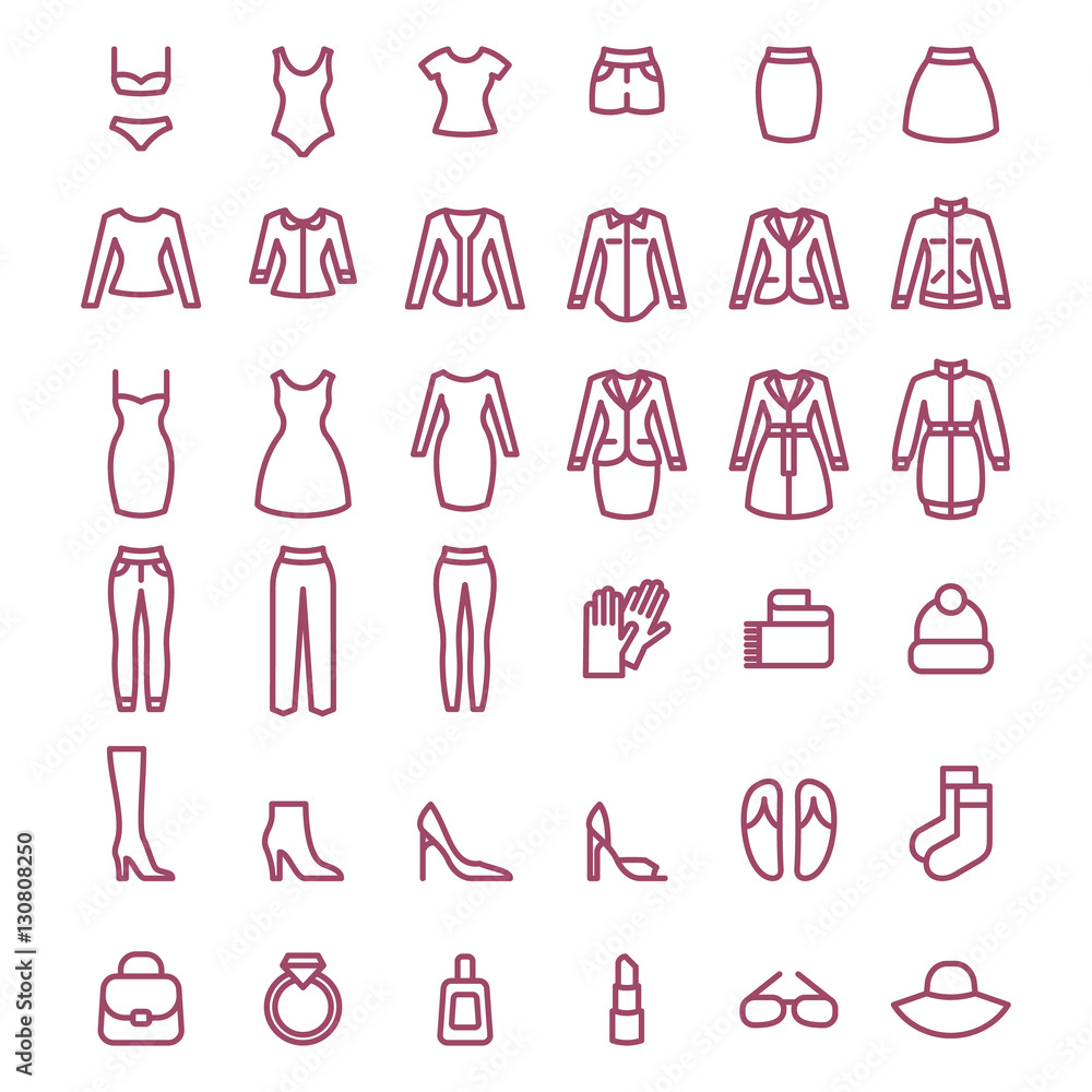 Simple linear icon set of women clothes and accessories. Vector icons Simple linear icon set of women clothes and accessories. Vector icons