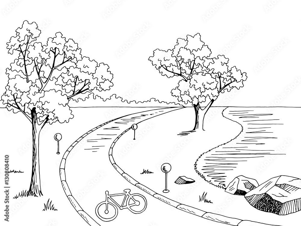 Park bike path graphic black white landscape sketch illustration vector