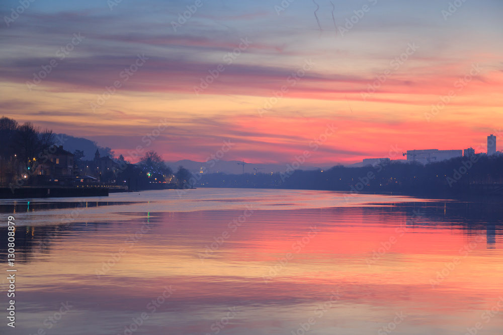 Colorful dawn at the Saone river in the city of Lyon.