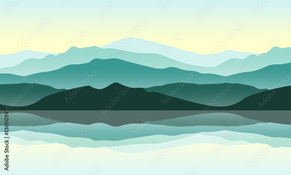 Green mountains landscape with reflection in the water. Vector illustration of nature. Outdoor and traveling concept. 