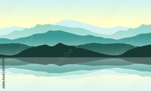 Green mountains landscape with reflection in the water. Vector illustration of nature. Outdoor and traveling concept.  © tanyadzu