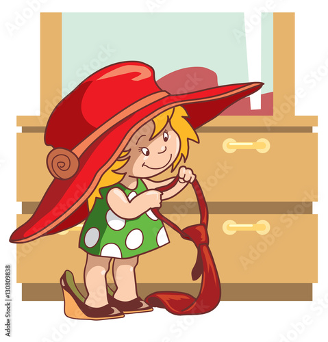 Fashion baby. Little girl trying on her mother's clothes. Cartoon vector illustration