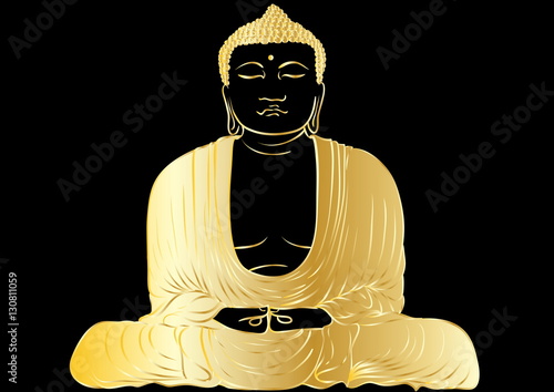 Drawing of a Buddha statue. Art vector illustration of Gautama - gold line art on a black background. Buddhism Religion