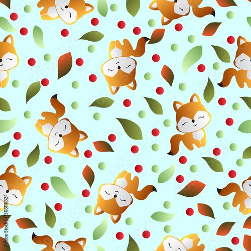 seamless pattern with smiling red fox and green leaves on a light turquoise background 