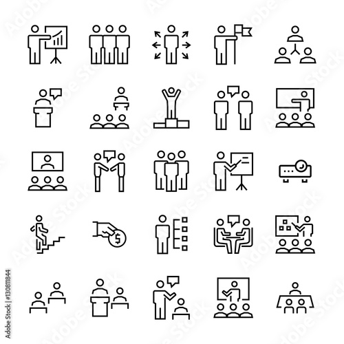 Business people,presentation,training icon set in thin line style. Vector symbols.