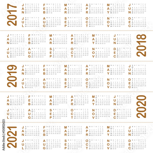 Simple Calendar template for 2017 to 2021