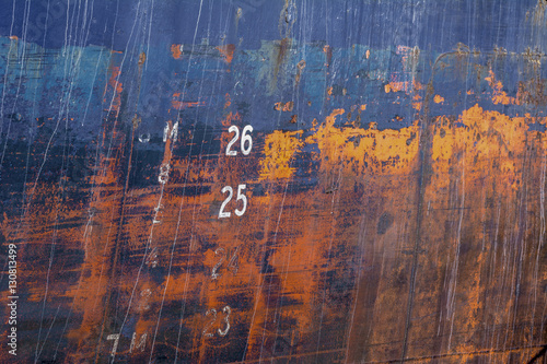 Draftmarks on rusted hull of Great Lakes Freighter