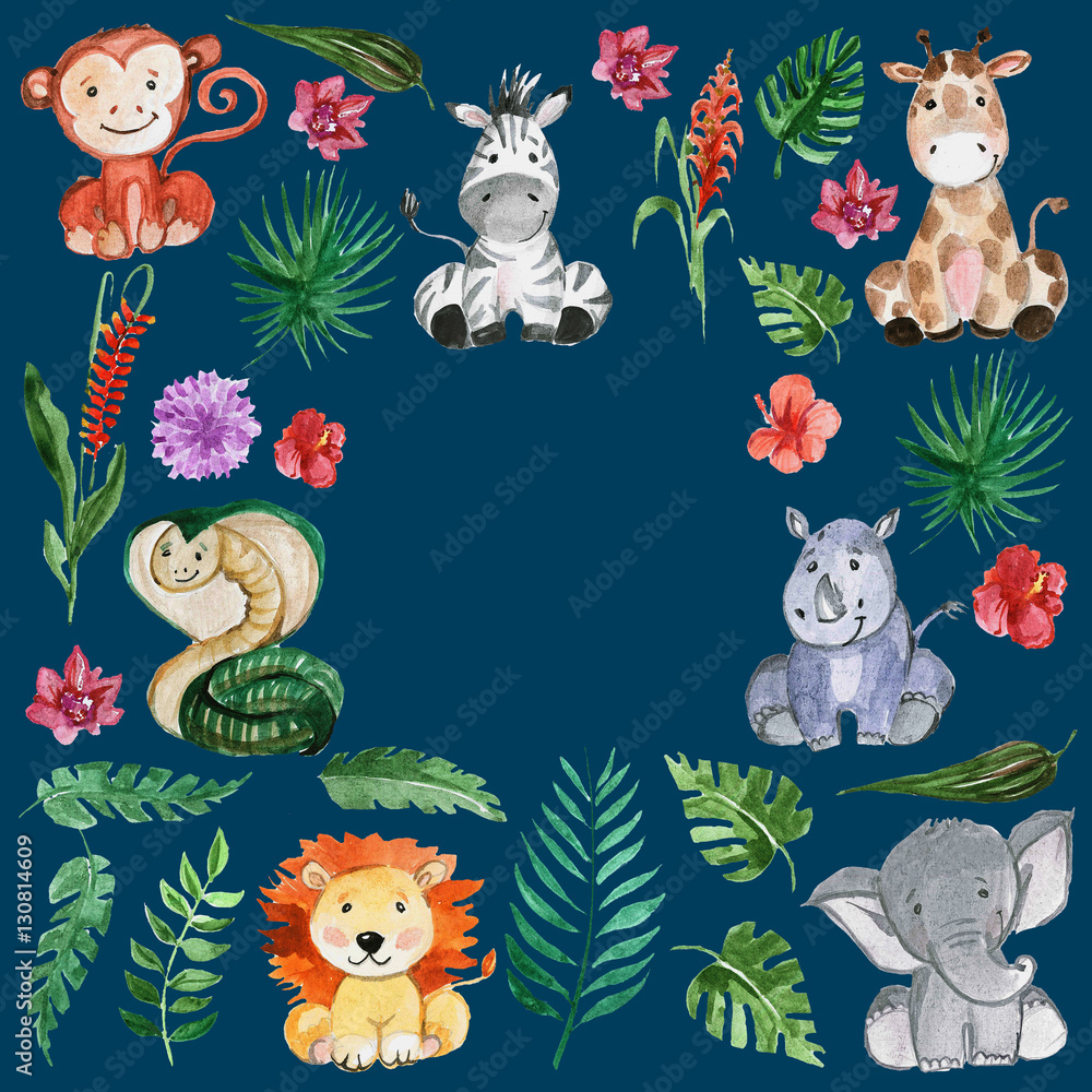 Watercolor jungle friends Animals, africa, tropical leaves Watercolor jungle friends Animals, africa, tropical leaves