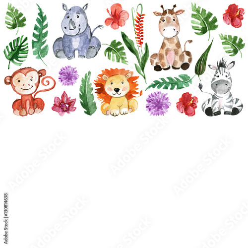 Watercolor jungle friends Animals  africa  tropical leaves