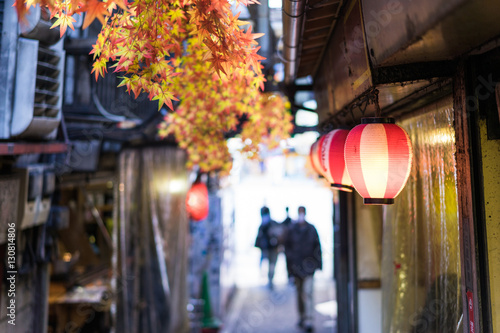 Photography Restaurant street decorated with red leaf in Tokyo