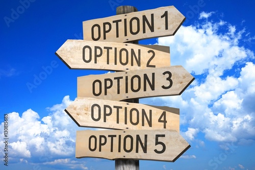 Wooden signpost - option 1, option 2, option 3, option 4, option 5.