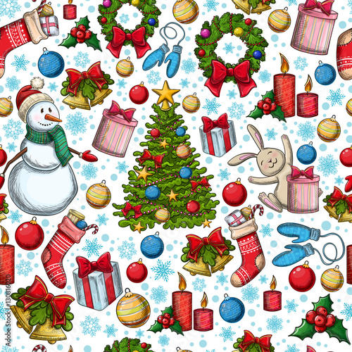 Seamless pattern of Christmas icons. Colorful sketch style Christmas illustration for decoration. Vector.