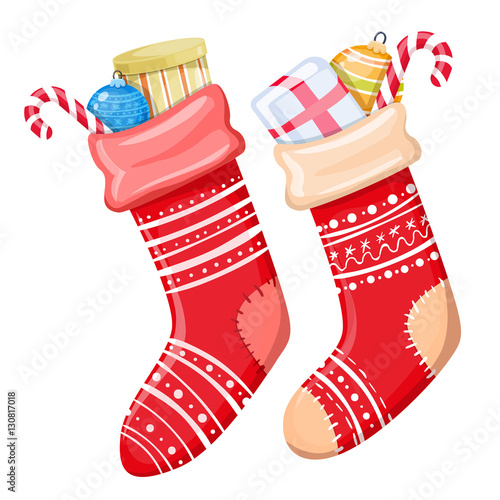 Colorful cartoon illustration of Christmas socks with presents on white background. Vector.
