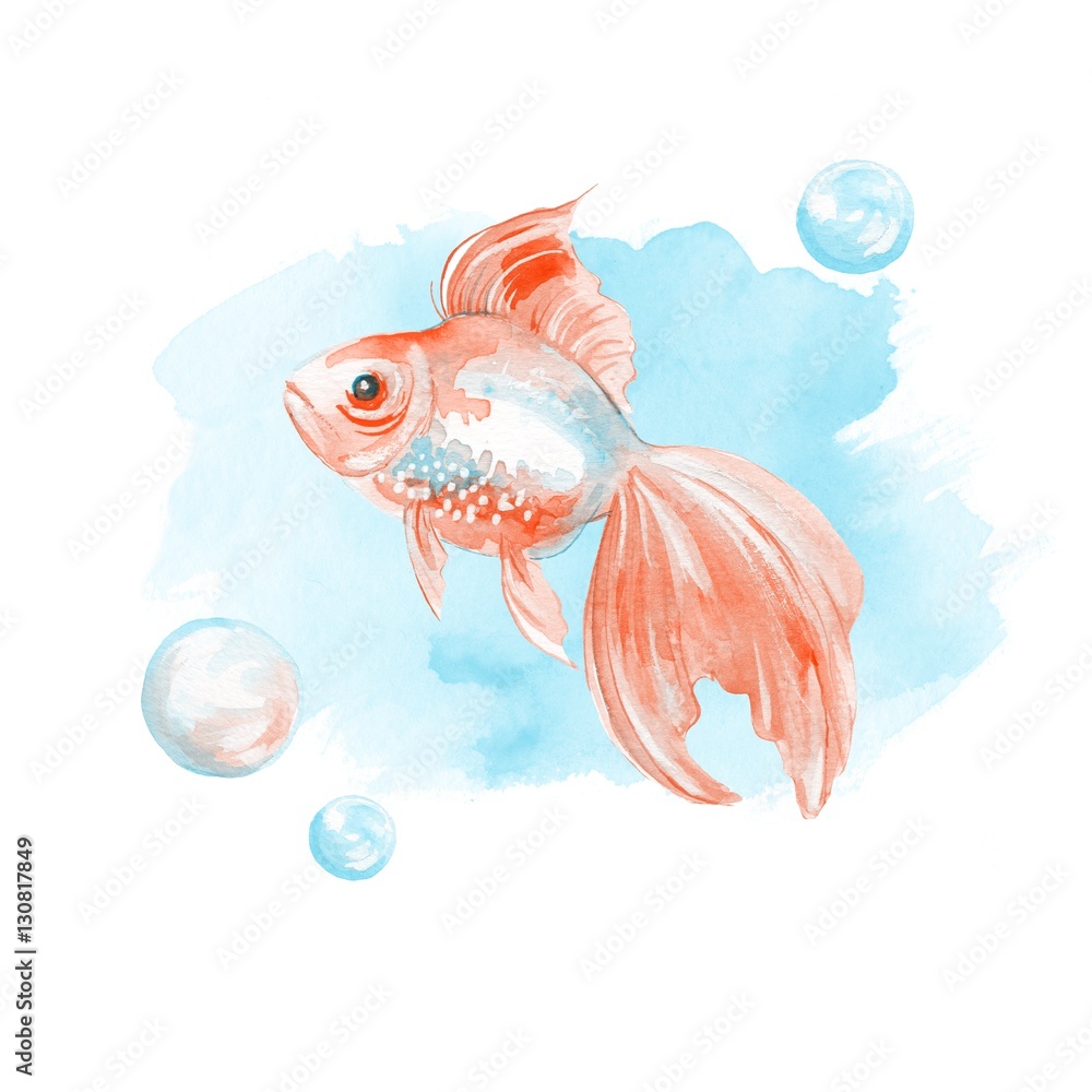 Watercolor fish. Hand-drawn illustration. Goldfish and bubbles on blue background