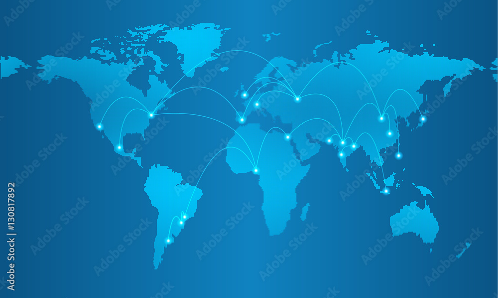 Obraz premium Dotted map on blue gradient background with resolution 5000x2500 dots and major world cities shown with glowing blue dots and connected with lines.