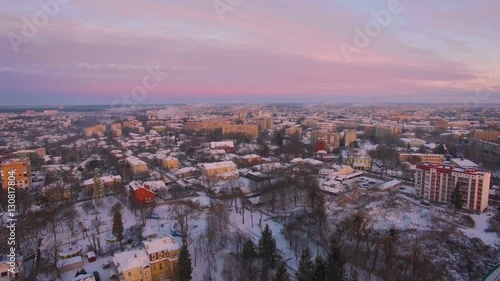 Aerial winter sunrise at small town