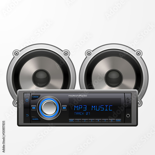 Realistic Car Audio Player and Speakers. Vector illustration, isolated on white