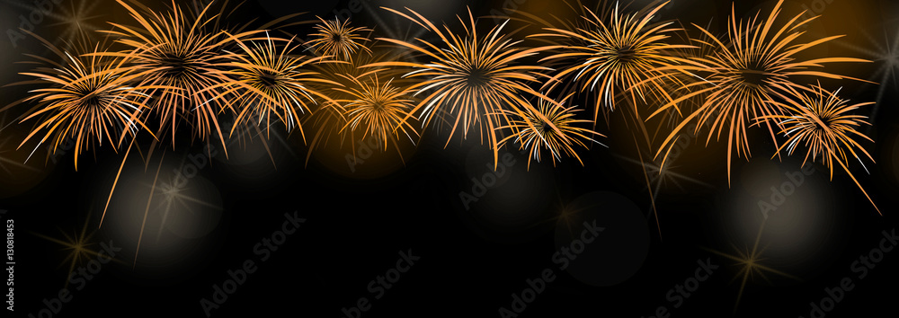 New year banner  background with colorful gold and yellow fireworks  - obrazy, fototapety, plakaty 