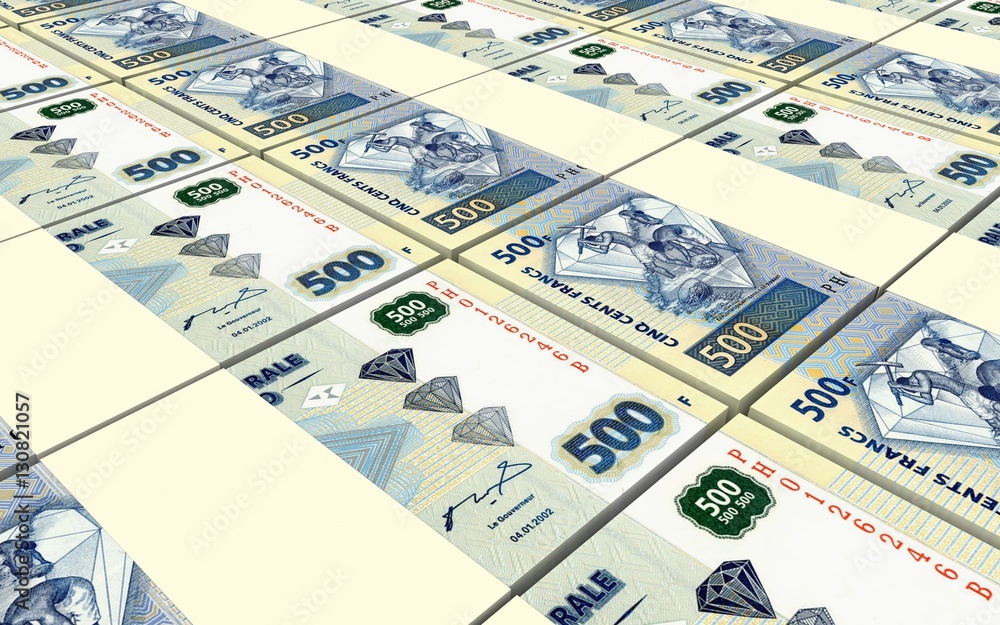 Congolese francs bills stacked background. 3D illustration.