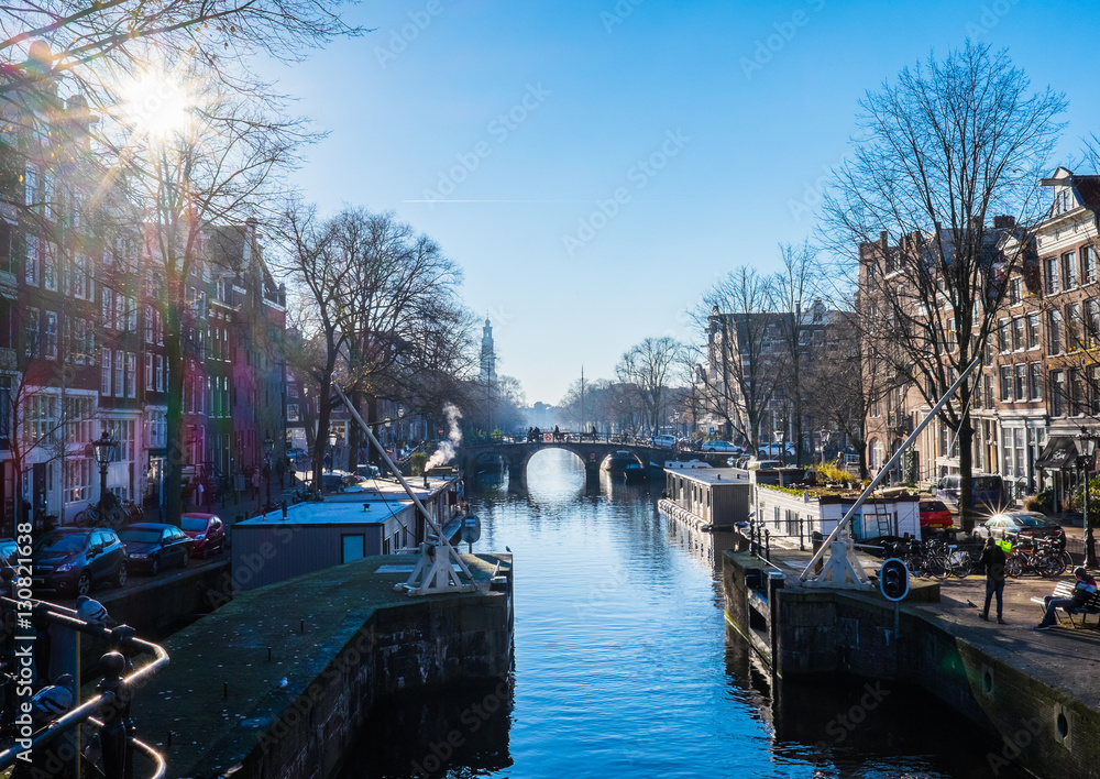 Amsterdam canal. Sunny day in Netherland's capital.