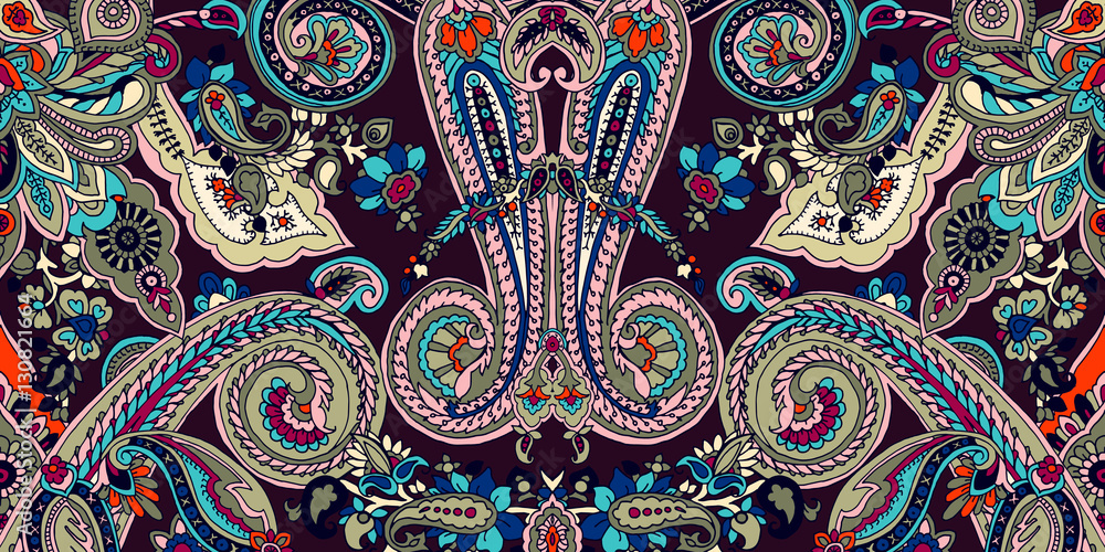 Abstract geometric paisley pattern. Traditional oriental ornament. Vibrant colors on dark purple background. Textile design.